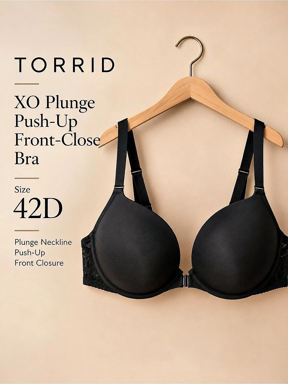 Torrid XO Plunge Push-Up Front-Close Bra Black 42D NWT